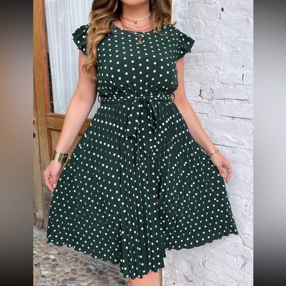 Plus Polka Dot Print Butterfly Sleeve Belted Dress - Picture 1 of 5